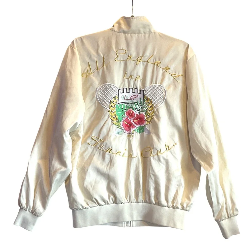 Liquor‎ n poker 'satin' bomber jacket embroidered zip tennis club Men XS Women S